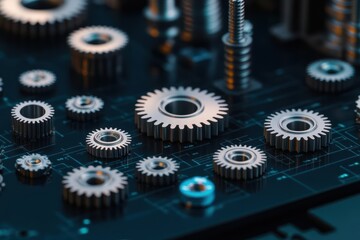 Fototapete - Intricate Close Up of Computer Circuit Board Featuring Interconnected Gears and Components Representing Advanced Technology and Engineering Innovation