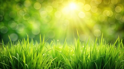Aufkleber - Vibrant green grass illuminated by the warm morning sun, a tranquil nature scene with bokeh background