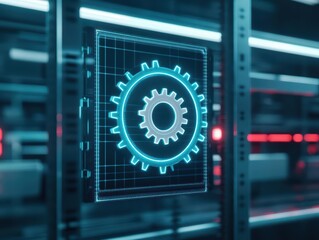 Leinwandbilder - Illuminated Computer Screen Featuring a Radiant Gear Icon Symbolizing Innovation Technology and Modern Digital Design in a Contemporary Workspace Setting