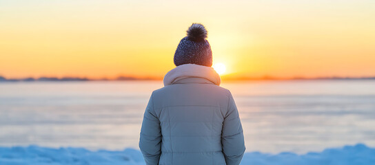 Wall Mural - Person in winter coat, Cozy cold season stroll, sunset hues, serene tranquil atmosphere, copy-space for text.