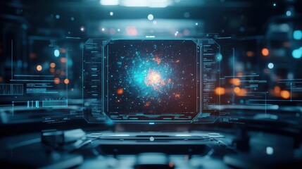 Aufkleber - A Computer Screen Glowing with an Enigmatic Galaxy Background Creating a Captivating Blend of Technology and Cosmic Wonder in a Modern Workspace