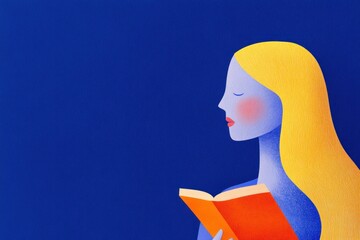 Wall Mural - A serene illustration of a young woman with long blonde hair reading an orange book against a vibrant blue background, showcasing tranquility, knowledge, and leisure