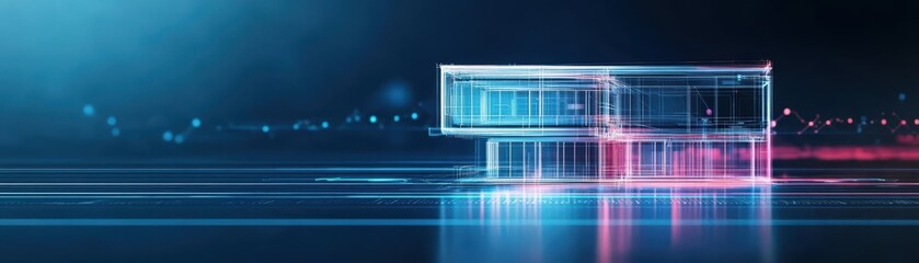 Poster - Futuristic Computer Display Illuminated by Vibrant Blue and Pink Lights Creating a High-Tech Atmosphere in a Modern Workspace Setting