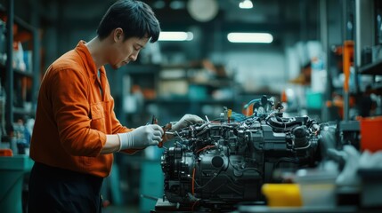 Poster - Focused Mechanic Diligently Repairing Motorcycle Engine in Dimly Lit Garage Surrounded by Tools and Spare Parts Creating an Engaging Working Atmosphere