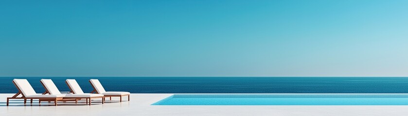 Empty chaise lounge by infinity pool overlooking calm blue ocean at luxury resort