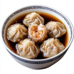 Wall Mural - Freshly Steamed Dumplings in Saucy Broth Served in a Traditional Bowl with Dark Soy Sauce