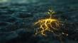 © RaNy - A tiny seed sprouting in the middle of a barren desert, with roots glowing deep underground. Above the surface, the plant is small and fragile,