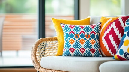 Poster - Charming Wickerton Chair Adorned with Vibrant Colorful Pillows Set Against a Cozy and Inviting Indoor Space Enhancing Comfort and Aesthetic Appeal