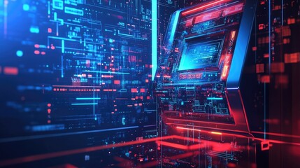 Futuristic server room; digital data streams; glowing red and blue; technology concept; ideal for tech websites
