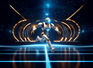 Poster - A futuristic robot, white and gold, runs through a glowing, gridded portal.  The scene is dark, accented with bright blue and gold energy.  The robot appears powerful and dynamic.
