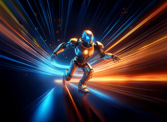 Poster - A metallic humanoid robot figure runs through a vibrant, streaking light tunnel, its polished surface reflecting the dynamic energy.  The scene is futuristic and dynamic.