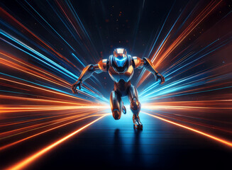 Poster - Futuristic robot sprinting through a vibrant, glowing energy tunnel.  Speed and power are depicted in the dynamic pose and light streaks.
