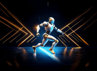 Poster - A futuristic robot, white and gold, runs across a dark, glowing stage.  Golden lines form wings behind it, adding to its dynamic energy.  Blue light trails beneath its feet.