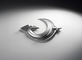Fototapete - Abstract metallic sculpture.  Intertwined, curved arrows form a dynamic, crescent-shaped design, illuminated by a spotlight.  The smooth, reflective surface creates interesting light and shadow interp