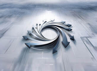Aufkleber - A circular arrangement of metallic arrows spiraling inward, suggesting convergence, cyclical motion, or a unified system.  The setting is a futuristic, gridded floor.