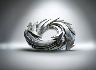 Fototapete - Abstract silver sculpture.  Intertwined, arrow-shaped forms create a dynamic, circular design.  Metallic texture, smooth curves and sharp points.  Illuminated against a neutral backdrop.