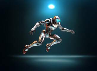 Poster - A chrome robot leaps forward, illuminated by a single light source in a dark setting.  Its polished metallic surface reflects the light, showcasing its powerful, dynamic pose.