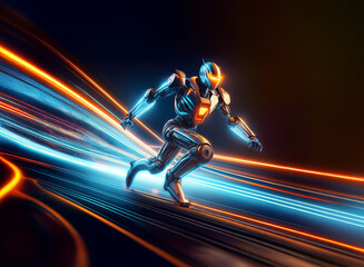 Poster - A futuristic robot, sleek and metallic, runs at incredible speed, leaving glowing trails of light in its wake.  The scene is dynamic and evokes feelings of power and technology.