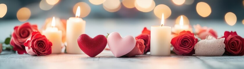 Aufkleber - Romantic Arrangement of Flickering Candles and Delicate Hearts Surrounded by Fresh Red Roses on Rustic Wooden Table Evoking Warmth and Love
