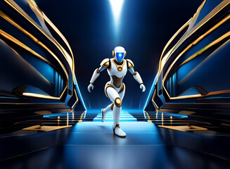 Poster - A futuristic white and gold robot strides confidently down a glowing blue and black corridor.  Its design is sleek and elegant, suggesting advanced technology.