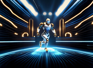 Poster - A futuristic humanoid robot, white and gold, runs across a glowing blue and gold platform in a dark, technologically advanced corridor.  The scene is dynamic and energetic.