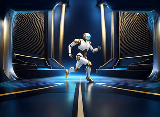 Poster - A sleek, white and gold robot runs across a futuristic, dark blue track.  The scene is dramatically lit, highlighting the robot's elegant design and powerful movement.