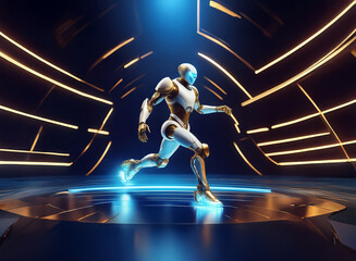 Poster - A white and gold humanoid robot runs through a futuristic, neon-lit corridor.  The scene is dynamic and technologically advanced.