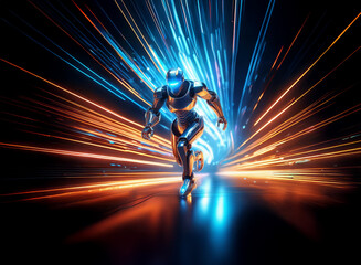 Poster - A futuristic robot runs through a vibrant, light-streaked tunnel, showcasing speed and technological advancement.  The scene evokes a sense of motion and energy.