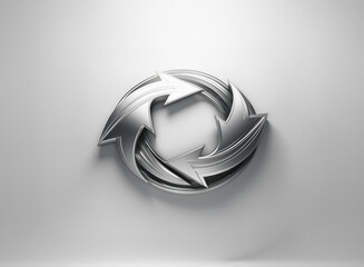 Fototapete - A sleek, metallic circular design featuring three interlocked arrows, suggesting continuous motion and cyclical process.  The symbol is rendered in polished chrome against a minimalist, light grey bac