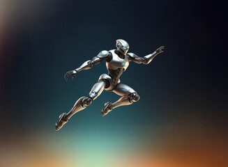 Poster - A sleek, silver humanoid robot leaps forward, its joints gleaming.  The dynamic pose suggests speed and agility against a blurred, colorful background.