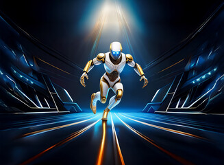 Poster - A futuristic white and gold robot runs down a glowing blue and orange track in a dark, technologically advanced environment.  The scene is dramatic and evokes a sense of speed and power.