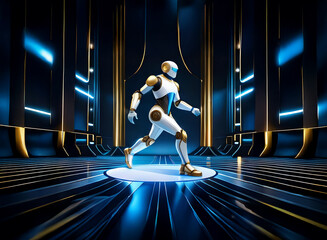 Poster - A humanoid robot, white and gold, walks on a glowing circular platform in a futuristic, dark blue and gold hall.  The scene is sleek, technologically advanced, and mysterious.