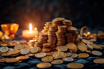 Poster - A Glimmering Pile of Gold Coins Beside a Softly Flickering Candle Creating an Atmosphere of Warmth and Wealth in a Dimly Lit Room Setting