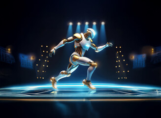 Poster - A futuristic robot, white and gold, runs dynamically on a glowing stage illuminated by spotlights.  Its sleek design suggests advanced technology and agility.