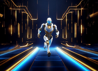 Poster - A white and gold humanoid robot strides confidently down a glowing blue and gold futuristic corridor, its pose suggesting power and purpose.