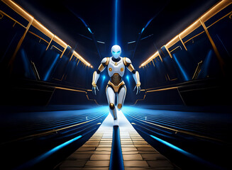 Poster - A futuristic robot, white and gold, strides down a glowing blue and gold corridor.  The scene is symmetrical and technologically advanced.