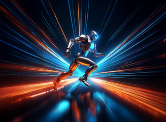 Poster - A metallic robot runs at incredible speed, light trails streaking behind it in a futuristic, dark setting. The scene is dynamic and full of energy.