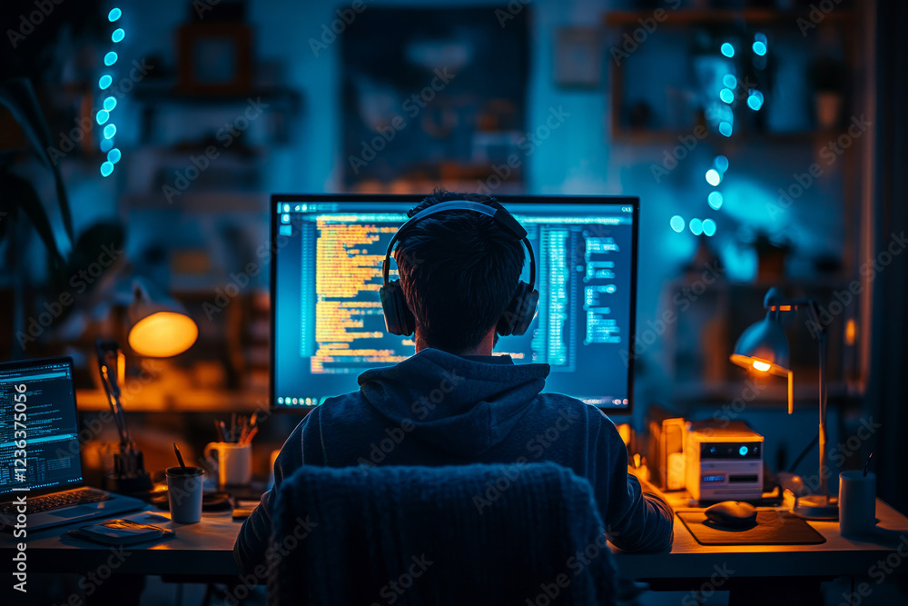 Programmer coding at night in a dark room with multiple screens ...