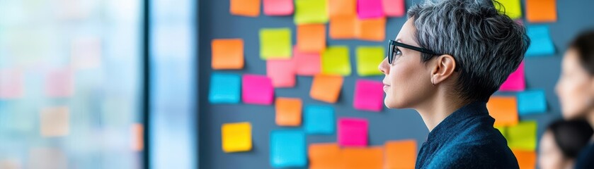 Poster - A thoughtful woman stands before a colorful wall adorned with sticky notes reflecting her ideas and creativity in a vibrant and inspiring workspace