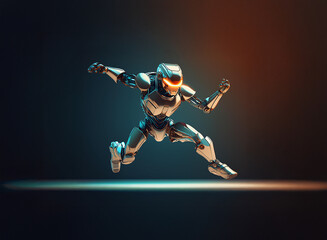 Poster - A chrome robot, sleek and powerful, leaps forward with glowing orange eyes.  Its dynamic pose suggests speed and agility against a dark background.