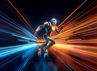 Poster - A metallic robot runs through a futuristic tunnel, streaks of vibrant blue and orange light illuminating its path.  Speed and technology are emphasized in this dynamic scene.