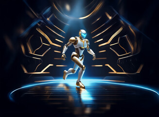 Poster - A futuristic humanoid robot, gleaming white and gold, runs on a glowing circular platform within a dark, metallic chamber.  A spotlight illuminates the scene.