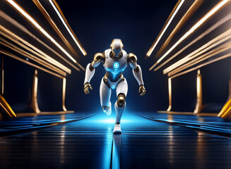Poster - A humanoid robot, white and gold, strides through a futuristic, glowing corridor.  Its design is sleek and powerful, suggesting advanced technology.