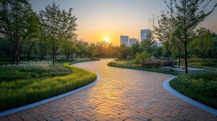 Wall Mural - A brick walkway with a path leading to a city skyline