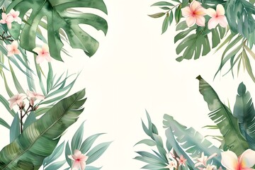 Aufkleber - On the right is a set of botanical watercolor illustrations with green monstera leaves, palm branches, pink and white frangipani flowers, laurel twigs, and creepers on a white background