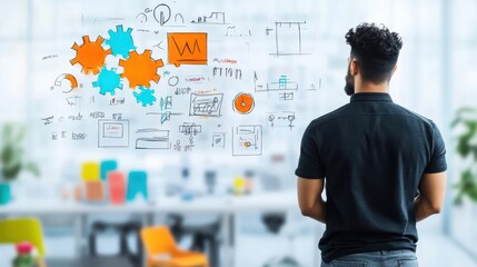 Poster - Focused Man Analyzing Creative Ideas on Whiteboard Filled with Colorful Drawings Illustrating Concepts and Strategies in a Collaborative Workspace Environment