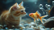 © Nik_aquaneon - Curious kitten observing goldfish in aquarium bubble scene