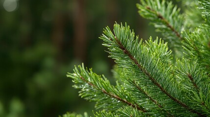 evergreen tree branch, rain drops, forest background, nature photography, website banner