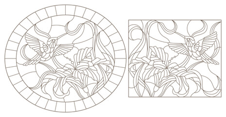  A set of contour illustrations of stained glass Windows with hummingbirds and lilies, dark outlines on a white background