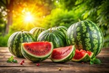 Juicy Green Watermelons: Fresh Summer Produce on Rustic Wooden Table